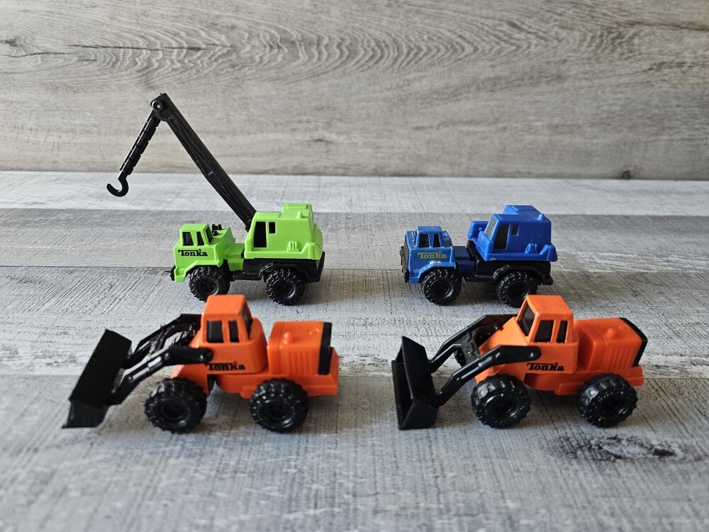 4 Vintage Mini TONKA 1992 Orange & 1994 Green Blue Tractors Trucks Lot